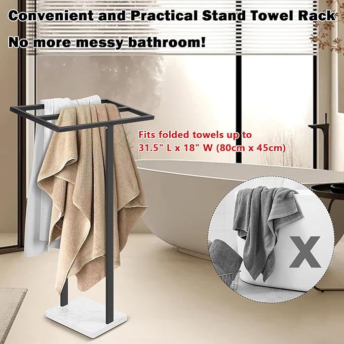 Livabber Standing Towel Rack, 304 Stainless Steel 2 Tier Towel Holder Stand with Heavy Marble Base, Stylish Floor Towels Bar for Bathroom Accessories, Laundry Room, Pool (Black)