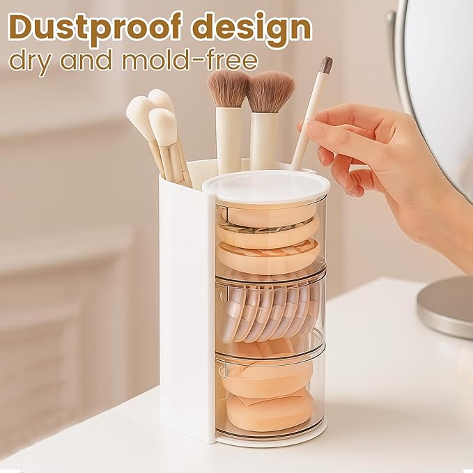 Rotating Makeup Organizer with Brush Holder, DIY 3-Layers Drawer Skincare & Cosmetic Organizers for Vanity Bathroom Countertop, Easy to Store Puff, Lipsticks, Nail Polishes, Perfumes