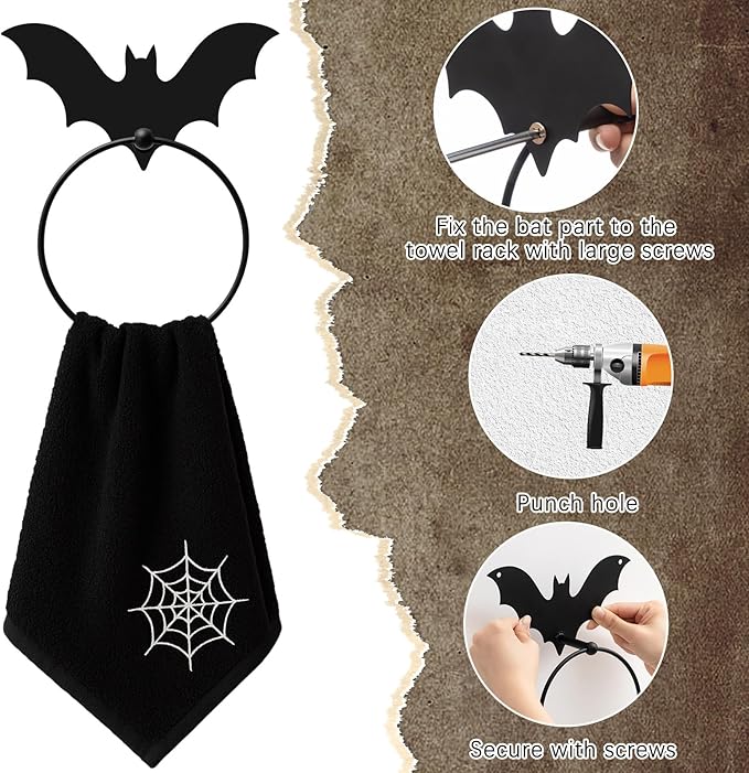 2pcs Gothic Bat Metal Towel Rings Halloween Bat Towel Holder Oil Rubbed Bath Towels Ring Black Art Hand Towels Rack for Bathroom Kitchen Hanger Home Decors Gifts