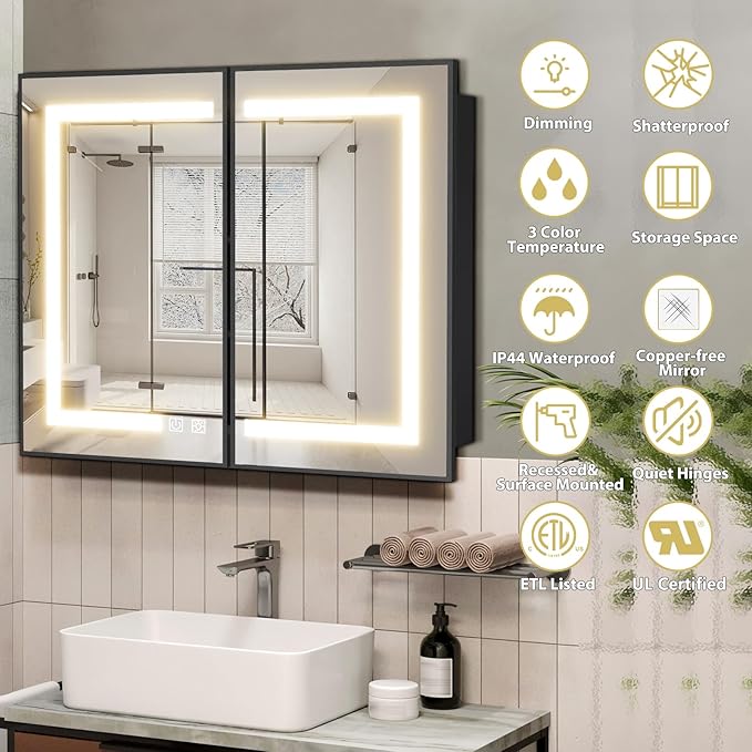 ROOMTEC Lighted Medicine Cabinet with Mirror 40"x32", Wall Mounted Bathroom Mirror with Storage, 2 Doors Bathroom Wall Cabinet with LED Lights, Black