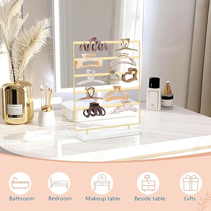 SNOWSTAR Hair Claw Clip Holder Organizer - 5 Tier Iron Rod Hair Clip Holder Storage for Women Girls, Wood Base Desktop Organizer