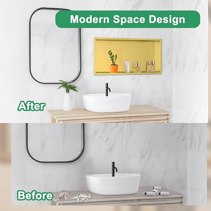 SaniteModar Shower Niche, Stainless Steel Shower Niche No Tile Needed, Recessed for Bathroom Storage (Brushed Gold, 12x24)