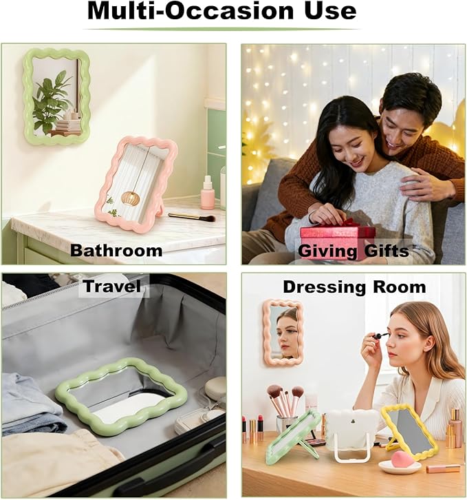 4 Pack Table Vanity Makeup Mirror, Wave Shaped Desk Mirror with Stand, Small Portable Folding Mirrors, Tabletop Adjustable Travel Mirrors, Hanging Bathroom for Shaving, 4 Colors, 6.7" × 5.2"