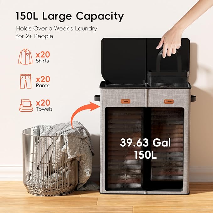 150L Double Laundry Hamper With Lid, Large Clothes Hampers with Removable Bag, Laundry Hamper 2 Section for Bathroom, Bedroom, Laundry Room, Dorm, Grey