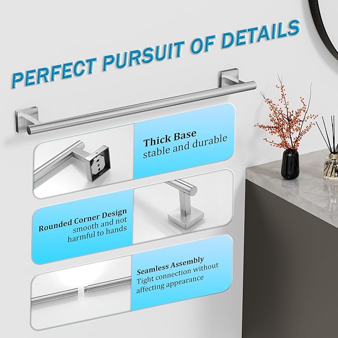 Alise 24 Inch Bathroom Towel Bar, SUS304 Stainless Steel Towel Racks for Bathroom, Towel Rack Wall Mounted Heavy Duty Hand Towel Holder Single Towel Bar, Brushed Nickel