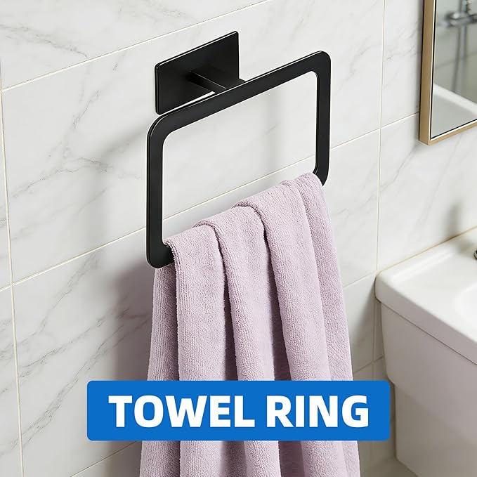 10 Pieces Bathroom Towel Bar Set, Stainless Steel Matte Black Bathroom Hardware Set Self Adhesive, Towel Racks for Bathroom, 16 inch Towel Bar, Robe Towel Hooks, Toilet Paper Holder, Towel Ring