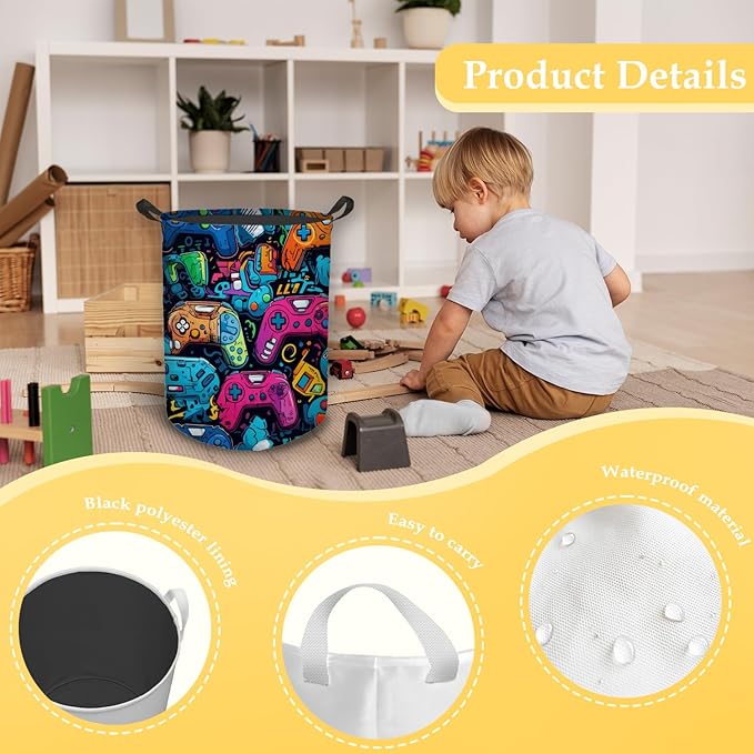 Gaming Gamer Laundry Basket, Colorful Game Controller Waterproof Collapsible Laundry Hamper Dirty Clothes Storage Toy Bin Organizer for Boys Kids Room Bedroom College Dorm Bathroom