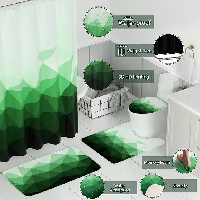 XLHOMO Bathroom Accessory Set - 26PC Bathroom Shower Curtain and Rug Set, Bathroom Accessories Set, Green Bathroom Set with Trash Can, Toilet Brush, Qtip Holder & Soap Dispenser