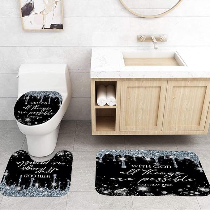 4 Pcs Black Silver Diamonds Shower Curtain Set with Rugs and Toilet Lid Cover, Black White Bible Verse Waterproof Fabric Bathroom Set, Christian Scripture Shower Curtain Bathroom Decor Set Accessories