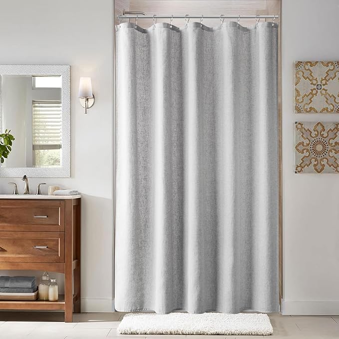 Naturoom Light Grey Linen Shower Curtain, Cloth Textured Fabric Shower Curtain Set with Hooks, Simple Elegant Modern Farmhouse Country Ultra Thick Bath Curtains for Bathroom,Water Repellent,60x72