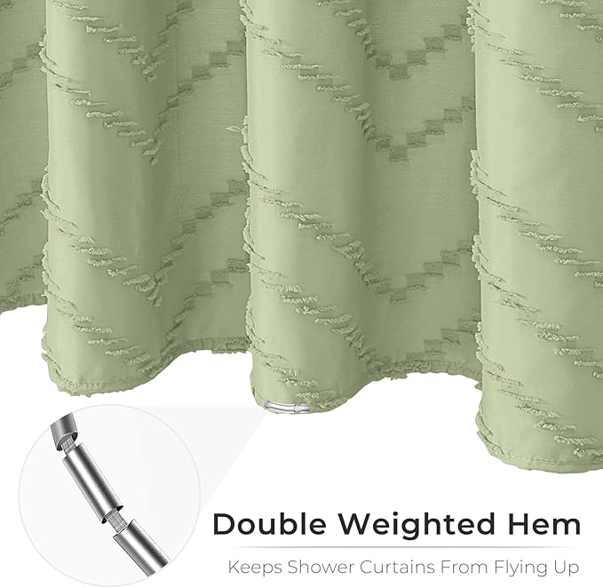 Green Boho Woven Fabric Tufted Chervon Textured Modern Minimalist Neutral Striped Waterproof Shower Curtain 72 x 72 Inches