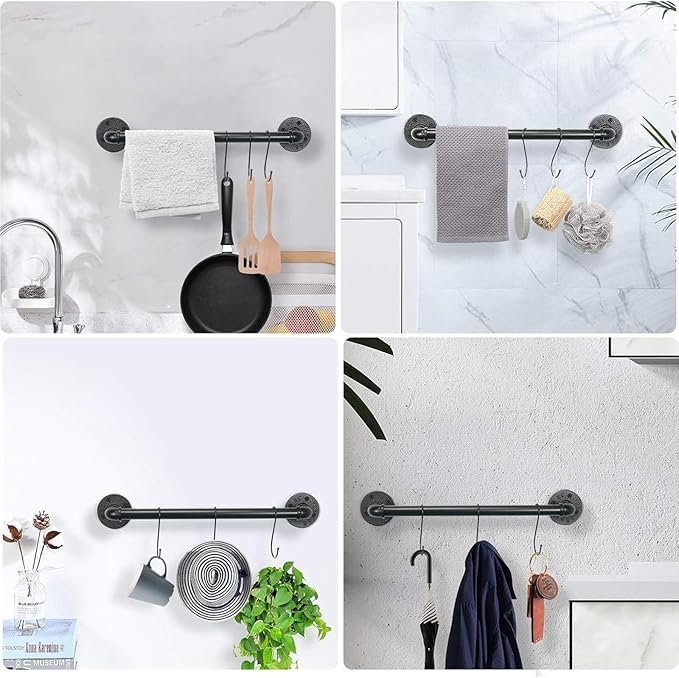 Industrial Pipe Towel Rack Towel Bar, Heavy Duty Wall Mounted Rustic Farmhouse Bath Towel Holder for Bathroom (Black, 16 inch)