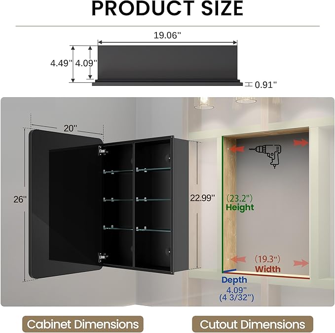 20x26 Inch Bathroom Medicine Cabinet with Mirror, Pre-Assembled Recessed or Surface Mount Wall Organizer, 6 Adjustable & Removable Tempered Glass Shelves, Soft Close DTC, Matte Black