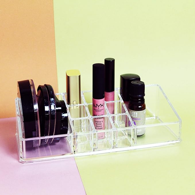 Ikee Design Cosmetic Tray with 2 Large Compartments and 9 Lipstick Holders for Makeup Products and More for Salon, Shop, Office, Bathroom and Home Use, 8 7/8 W X 3 1/2 H X 2 D in