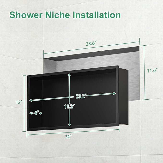 SaniteModar Shower Niche, Stainless Steel Shower Niche No Tile Needed, Recessed for Bathroom Storage (Matte Black, 12x24)