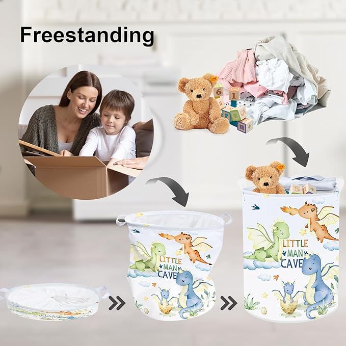 Clastyle Blue Dragon Kid Laundry Hamper with Lid Flying Dino Collapsible Laundry Basket with Handles Star Cloud Clothes Towel Toy Storage Basket for Boy Girl Nursery