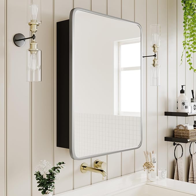 AGDULL Vintage-Style Bathroom Wood Black Cabinet with 16.5''x24'' Brushed Nickel Metal Frame Curved Mirror, Recessed Medicine Cabinet, Bathroom Storage Cabinet