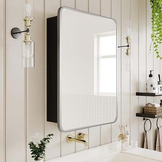 AGDULL Vintage-Style Bathroom Wood Black Cabinet with 16.5''x24'' Brushed Nickel Metal Frame Curved Mirror, Recessed Medicine Cabinet, Bathroom Storage Cabinet