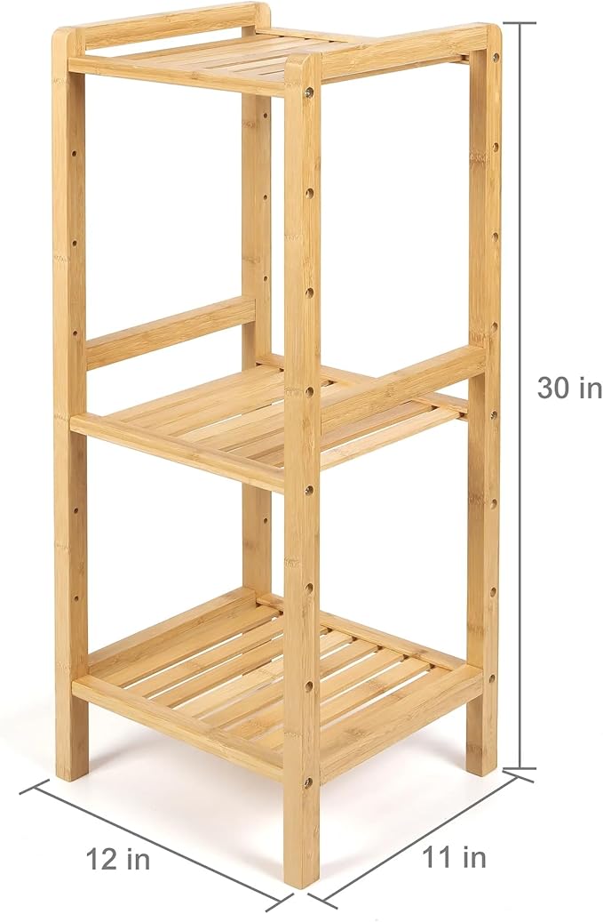 freestanding Bamboo Shelf,Capacity Bamboo Storage Rack for Bathroom, Natural Clutter organizing Shelf,30-inch 3-Tier,30 lbs