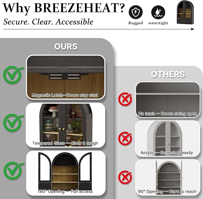 BREEZEHEAT Arched Medicine Cabinet with Extra Storage, Glass Doors & Adjustable Shelf -Wall Mounted Over Toilet Cabinet for Bathroom, Kitchen, Laundry Room, Black Wood Grain, 23.6x33.5 Inch