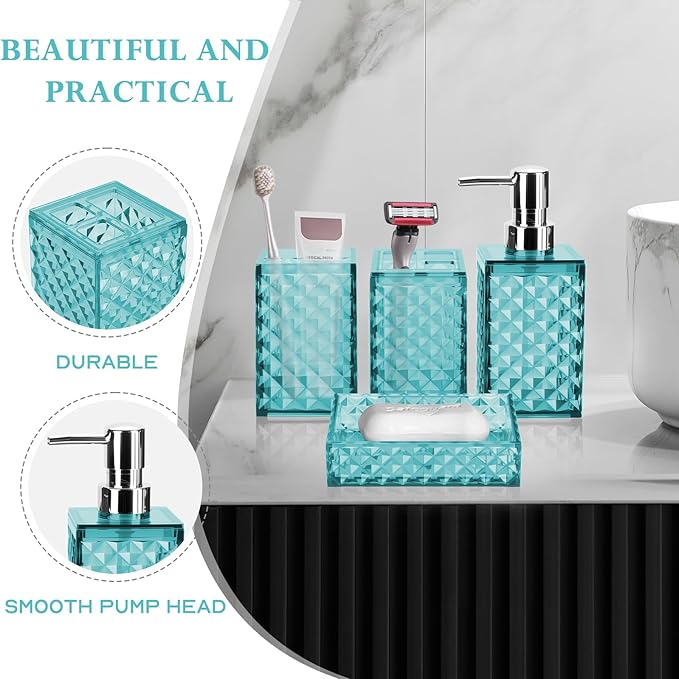 Bathroom Accessory Set, Grid Pattern 4 Pcs Plastic Bathroom Set Include Soap Dispenser, Soap Dish, Toothbrush Holder, Mousewash Cup, Modern Bahtroom D??cor Set(Light Blue)