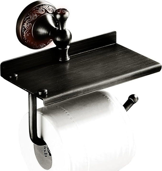 Oil Rubble Bronze Brass Bath Toilet Paper Holder with Phone Shelf, Wall Mounted Black Bathroom Hardware Accessories, Pattern Carving Design