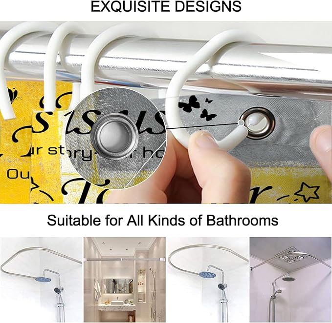 Lnond 4Pcs Bathroom Shower Curtain Sets with Rugs, Yelloe Grey Motivational Home Family Bathroom Sets with Shower Curtain and Rugs and Accessories