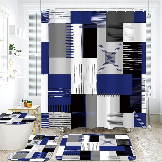 All Smiles Blue Shower Curtain Sets with Non-Slip Rugs,Toilet Lid Cover and Bath Mat, Black and Gray Bathroom Decor Set Accessories Waterproof Shower Curtains