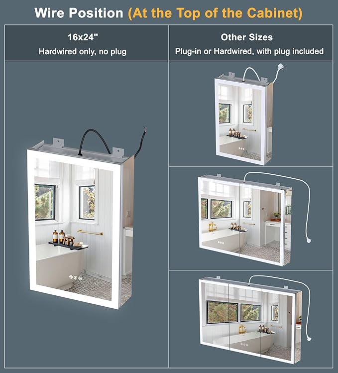 40x30 Inch Medicine Cabinet with Lights, AL Alloy Frame, Plug-in or Hardwired, Recessed or Wall Mount, Mirror Doors/3 Colors/Dimmable/Interior Sensor Light/Defog,2 Outlets & USBs,2 Shelves
