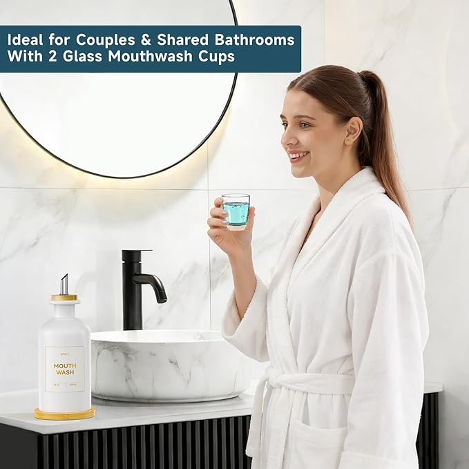 White Glass Mouthwash Dispenser for Bathroom Countertop – 14oz/410ml Refillable Mouthwash Container with Glass Cup & Bamboo Tray, Modern Bathroom Decor for Home, Vacation Rentals, Gym (White)