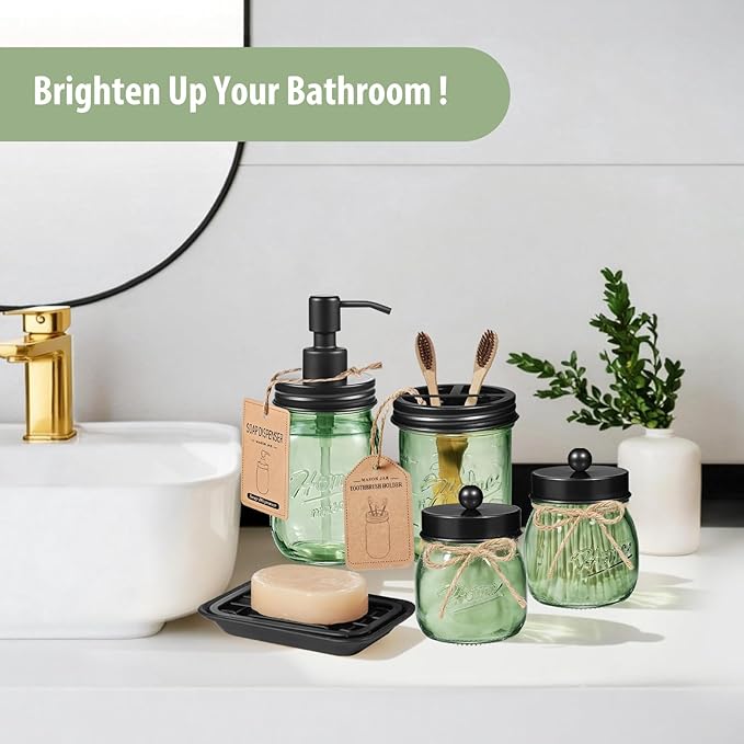 SheeChung Green Bathroom Accessories Set, 6Pcs Mason Jar Glass Bathroom Set, Lotion Soap Dispenser, Toothbrush Holder, Qtip Holder, Soap Dish, Metal Wire Basket, Rustic Farmhouse Bathroom Decor-Black