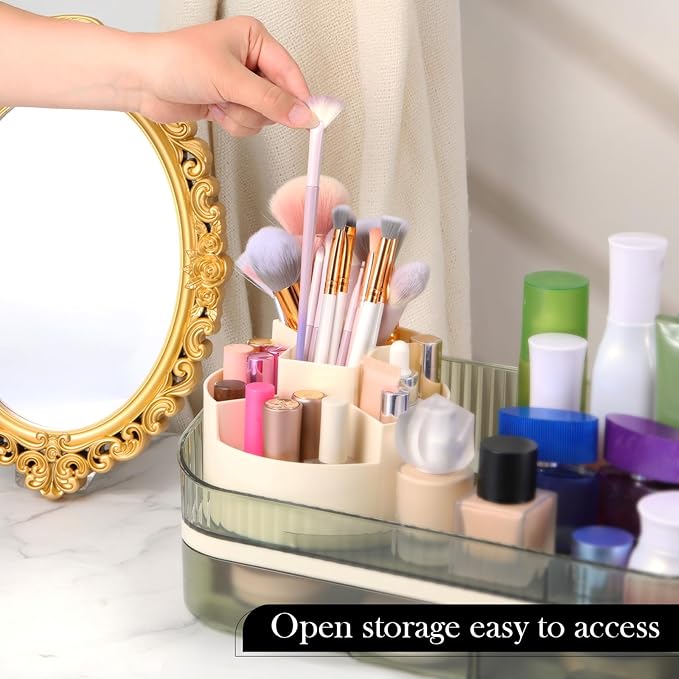 Makeup Organizer for Vanity, Make up Organizer Countertop with Rotating Makeup Brush Holder Cosmetic Display Case with Drawers Bathroom Storage Holder for Lipstick Brush Beauty Skincare