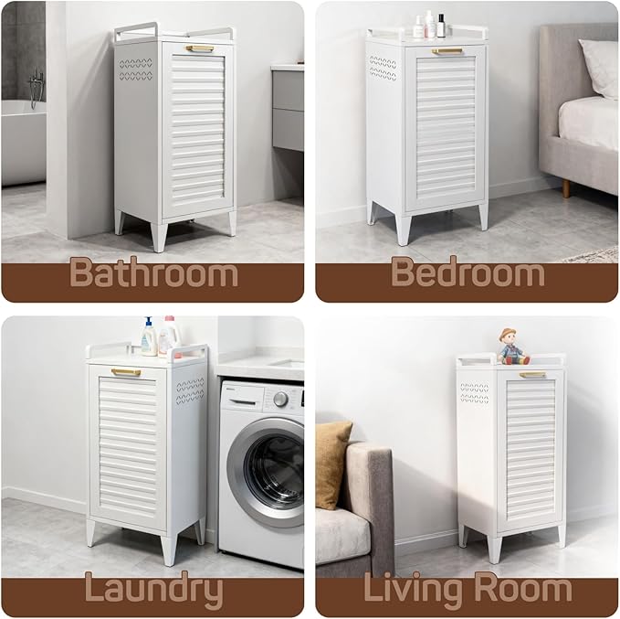 Tilt-Out Laundry Hamper Cabinet, 13 Gallon Clothes Basket with Golden Handle, Hidden Laundry Cabinet with Laundry Storage Basket for Bathroom, Laundry Room, Bedroom - White