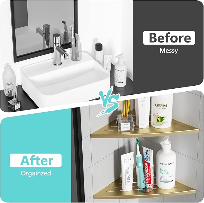 Qeke Corner Shower Shelf Brushed Golden, 304 Stainless Steel 11.5” Recessed Corner Shelf Bathroom for Tiled Wall, Floating Shower Shelves Shampoo Holder, No Drilling, 2 Pack
