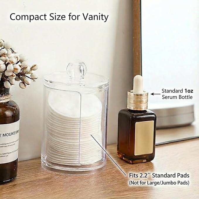 10oz Clear Plastic Cotton Round Holder Organizer - Shatterproof Vertical Makeup Pad Dispenser Canister with Lid for Bathroom Vanity Storage, Apothecary Jar for Face Cleaning Pads & Skincare