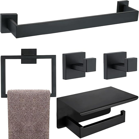 5 Pieces Bathroom Hardware Accessories Set Matte Black, 16Inch Square Towel Racks Set for Bathroom, SUS304 Stainless Steel Towel Bar Set, Toilet Paper Holder with Shelf Wall Mounted