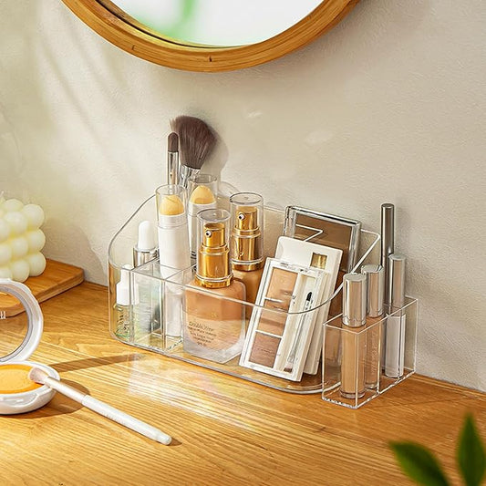 MORNITE Bathroom Counter Shelf Vanity Trays, Makeup Organizer Tray with 9 Compartments, Trays Holders for Medicine Bathroom Cabinet, Clear