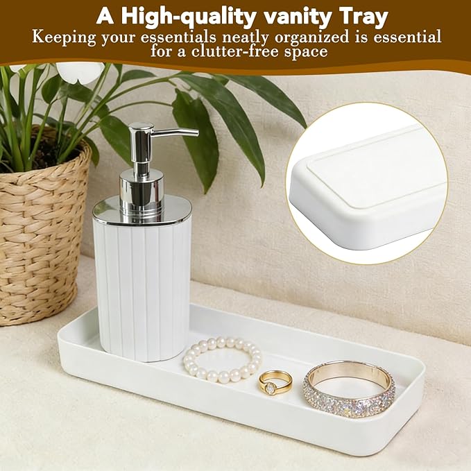 Bathroom Accessories Set 5pcs- Bathroom Set, Plastic Bathroom Accessory Sets with Lotion Soap Dispenser, Soap Dish, Toothbrush Holder, Toothbrush Cup, Vanity Tray, Boho, Modern Bathroom Decor, White