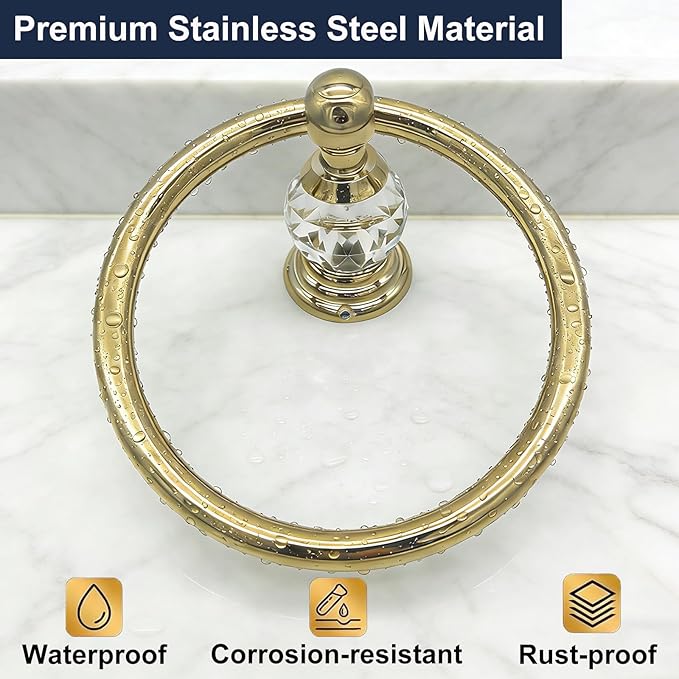 Gold Towel Ring with Crystal, Round Hand Towel Holders for Bathrooms, Stainless Steel Hand Towel Rack Wall Mounted for Luxury Modern Bathroom, Kitchen, Hotel