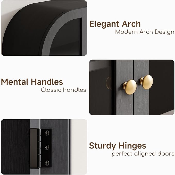 Fatmok Arched Bathroom Wall Cabinet Over The Toilet Storage Cabinet, 23.6"x31.5" Wood Medicine Cabinet Wall Mounted with Glass Doors & Adjustable Shelf, Floating Wall Cabinet for Bathroom(Black)