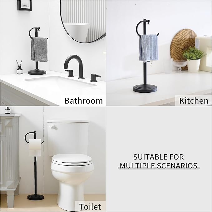 Hand Towel Holder Stand for Bathroom Countertop, Standing Towel Rack with Non-Slip Base, Stainless Steel Adjustable Towel Bar 16.5-26 Inch for Kitchen Vanity (Matte Black)