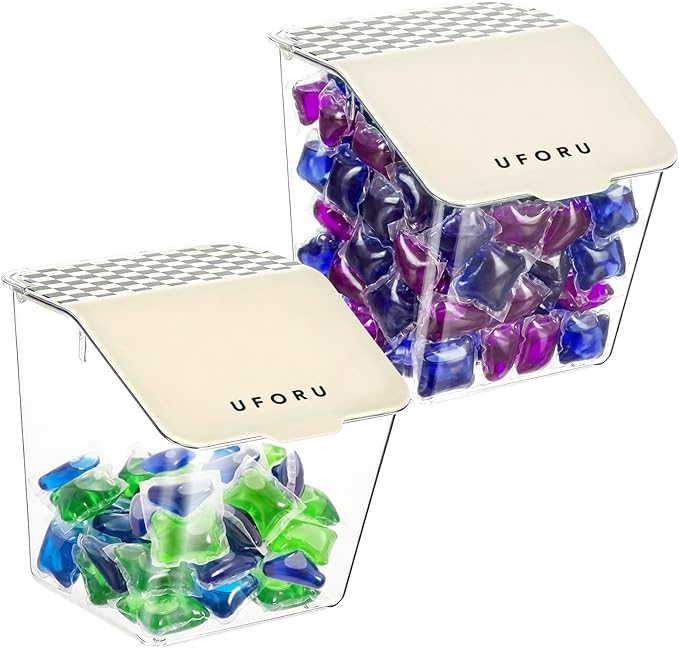 Rainmae 2 Pack Laundry Pods Container with Lids Wall-Mounted Dishwasher Pods Holder for Powder Dryer Balls and Scent Booster Beads Space Saving Plastic Storage Container for Laundry Room Organization