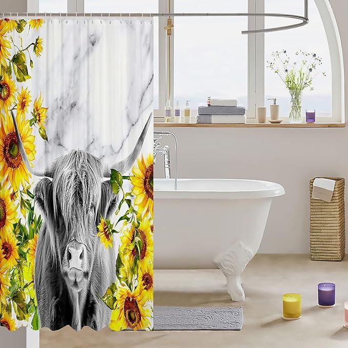 Feelyou Highland Cattle Shower Curtain Sunflower Highland Cow Marble Print Bathroom Decorative 72"x72"