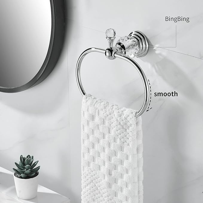WOLIBEER Chrome Towel Ring,Crystal Hand Towel Holder,Bath Oval Hand Towel Rack Hanger Wall Mounted Bling Bathroom Accessories