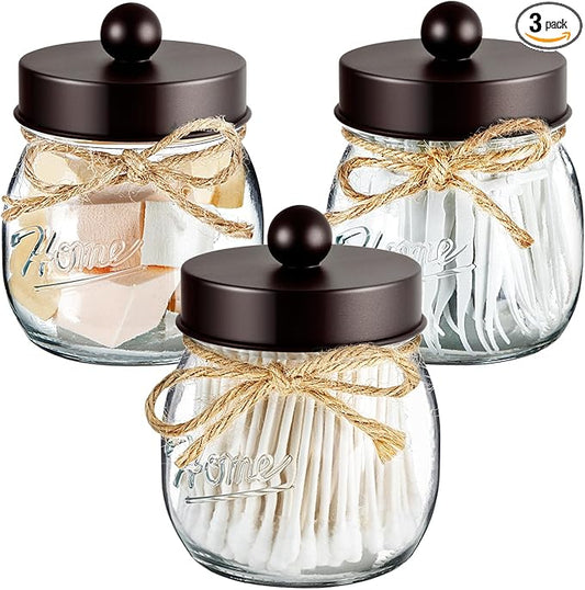 SheeChung 3 Pack Qtip Holder for Bathroom, Cotton Swab Holders, Bathroom Decor, Apothecary Jars with Lids for Cotton Round Pads, Balls, Floss Picks - Bronze