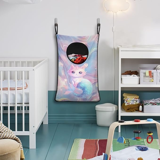 ZOUTAIRONG Cat And Fish Design Over The Door Laundry Hamper Hanging Storage Bag Over The Door Closet Organizers Clothes Hampers Space Saving Laundry Bag