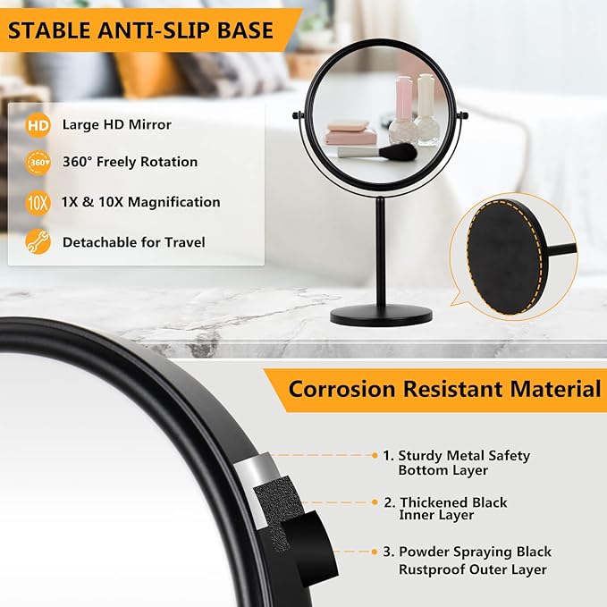 ALHAKIN 10x Magnifying Makeup Mirror, 8 Inch Tabletop Mirror Double Sided with Magnification, Swivel Make Up Mirror for Bathroom, Black