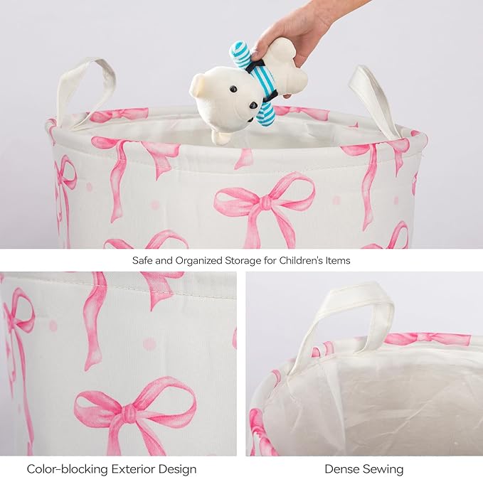 2Pcs Pink Bow Cute Girls Laundry Basket Floral Baby Nursery Hamper Adorable Room Decor Foldable Oxford Cloth Tote Clothes Storage Bucket Organizer For Bedroom Teen Girls Boy (Pink)