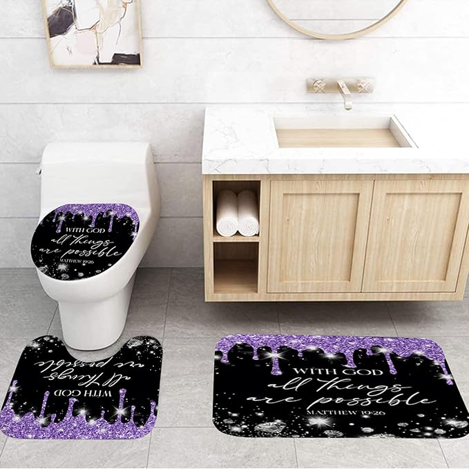 4 Pcs Black Purple Diamonds Shower Curtain Set with Rugs and Toilet Lid Cover, Black White Bible Verse Waterproof Fabric Bathroom Set, Christian Scripture Shower Curtain Bathroom Decor Set Accessories