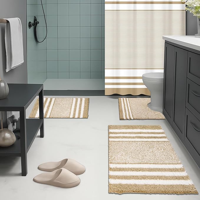 Britimes Beige Bathroom Sets with Shower Curtain and Rugs, Modern Striped Minimalist Style Waterproof Shower Curtain Liner and Soft Non Slip Bath Mat for Bathroom Decor and Accessories Hooks